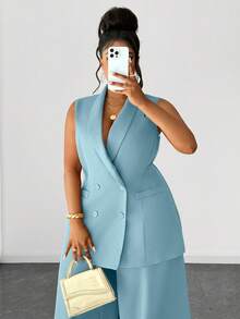 Maweii Plus Size Casual Elegant Suit Set, Blazer And Wide Leg Pants, Suitable For Work And Commute, Autumn/Winter - Baby Blue - View 2