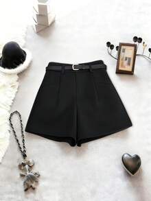 Franclia Quần short dáng chữ A cạp cao, ôm dáng, có thắt lưng dành cho nữ - màu đen - Xem 3