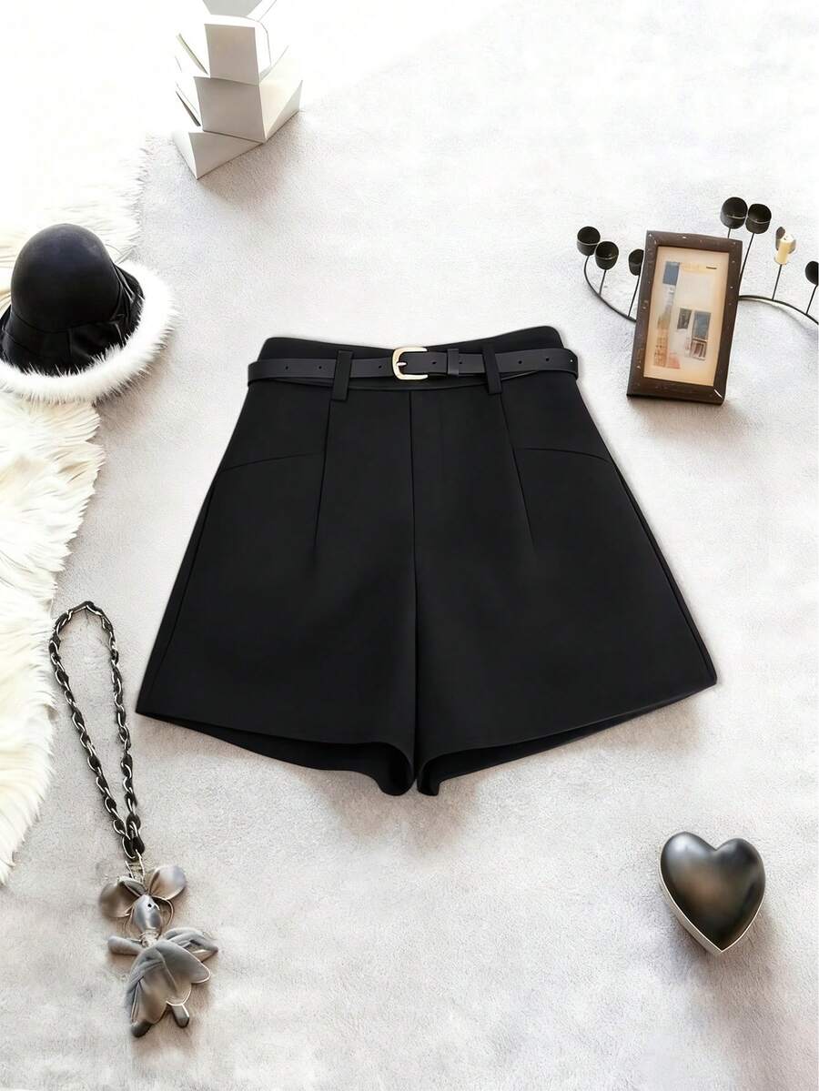 Franclia High Waist Slimming A-Line Casual Shorts With Belt For Women - Black - View 1