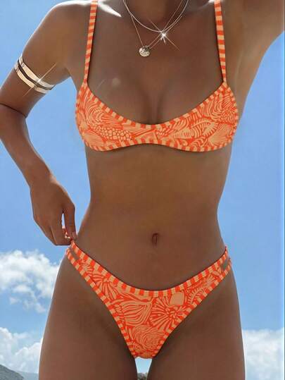 Swim Mod Conjunto de traje de baño sexy para vacaciones en la playa con estampado floral naranja y tirantes finos para mujer