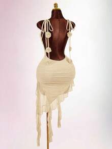Amplova Vestido de mujer de longitud media, cuello drapeado, cordón, ribete de volantes, dobladillo con volantes, tirantes finos, espalda descubierta, decoración floral, elegante y sexy - Albaricoque - Ver 15