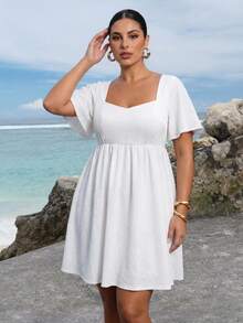 Hourglow Plus Size Casual Solid Color Short Sleeve Dress - White - View 2