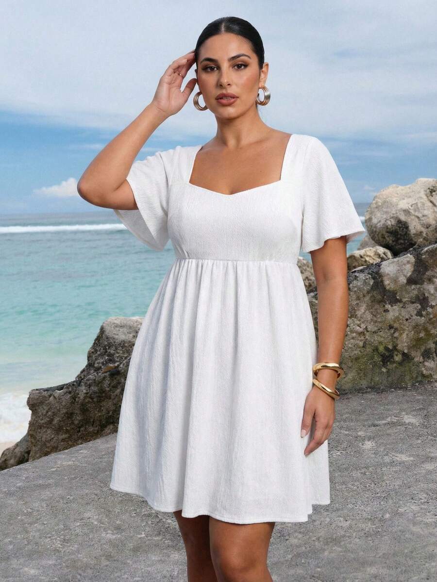 Hourglow Plus Size Casual Solid Color Short Sleeve Dress - White - View 1