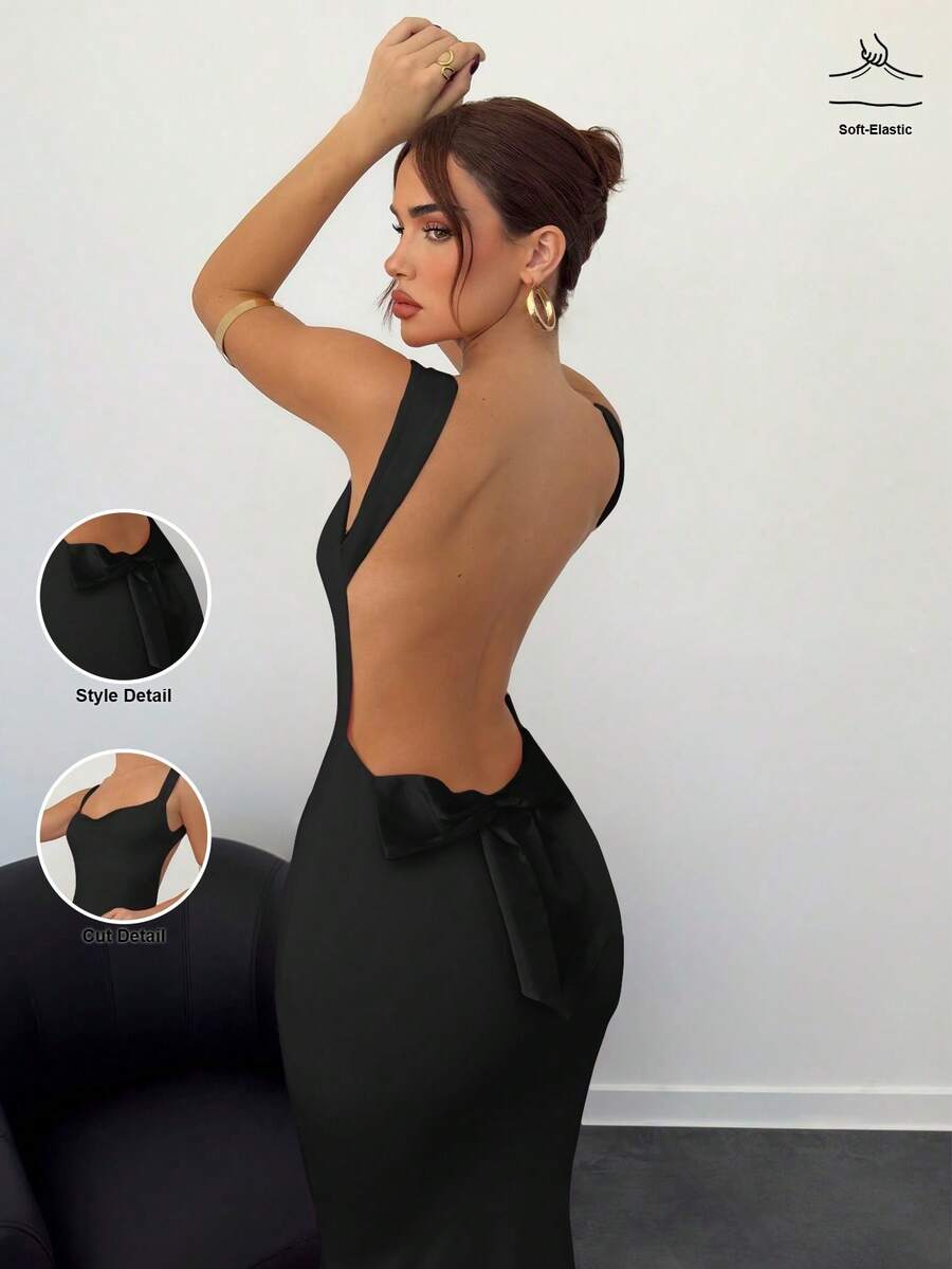 Aloruh Váy hồng hở lưng trang trí nơ cho nữ - màu đen - Xem 1