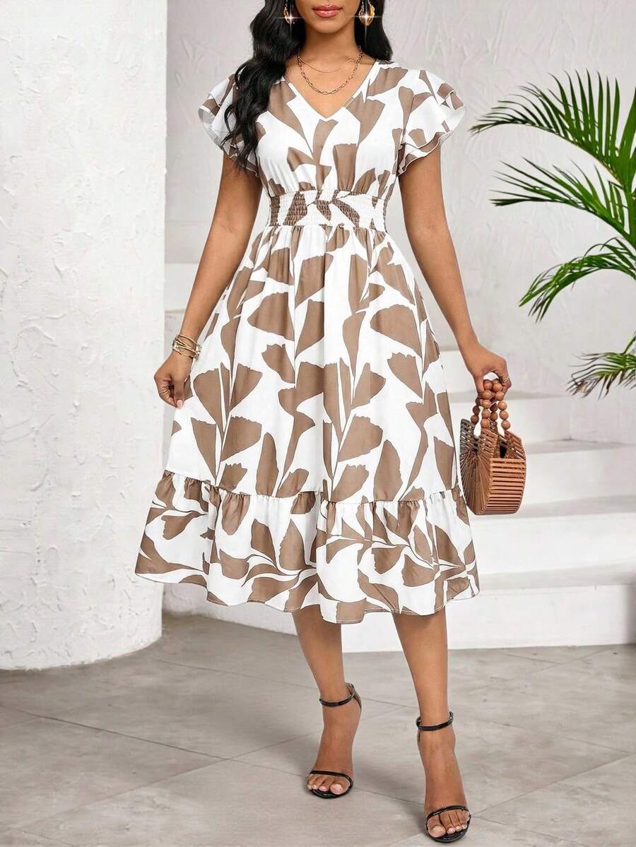 SHEIN Lady Vestido casual de mujer de longitud media con cintura fruncida y estampado, con lazo - Multicolor - Ver 1