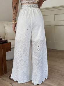 DAZY Women's Solid Color Jacquard Fabric Patchwork Sequin Waistband Loose Wide Leg Pants, Elegant Resort Wear For Summer Boho Vacation Outfits Women - White - View 2