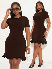 SHEIN SXY Plus Size Solid Color Minimalist Daily Wear Round Neck Short Sleeve Dress - Brown - View 6