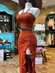 NostaNoir 女士时尚纯色无袖抽绳开衩中长抹胸连衣裙 - 橘色 - 查看 4