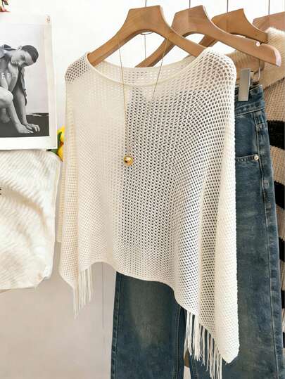 Franclia Suéter de punto holgado, casual y elegante para mujer, con estilo francés, de primavera/verano y principios de primavera, con dobladillo asimétrico y flecos, de corte suelto y sexy