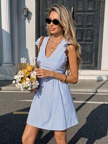 Pariaura 蓝白条纹V领喇叭袖连衣裙，收腰喇叭裙摆，露背花卉蕾丝拼接蝴蝶结系带，清爽夏日度假休闲短裙，女士连衣裙，女士夏季连衣裙，女装连衣裙，女士野餐连衣裙，女士吊带裙 - 藍色 - 查看 8