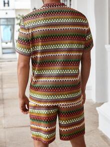 Manfinity Homme Men's Striped Button Half-Placket Short Sleeve Shirt And Shorts Casual Suit - Multicolor - View 2