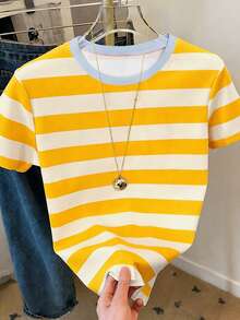 Resyla Kaos Wanita Kasual Motif Garis-Garis Leher Bulat Lengan Pendek - MultiWarna - View 4