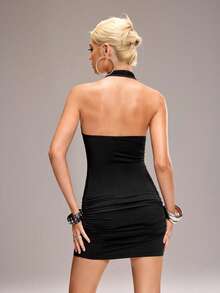 Y2Kool BiGraphic Women's Rivet Design Deep V Neck Ruched Sexy Halter Mini Dress - Black - View 2