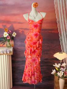 Bellisia Đầm nữ mùa hè đi biển in hoa, xếp lớp, bèo nhún, lưng chéo. - trái cam - Xem 5