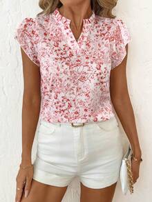 SHEIN Clasi Áo sơ mi nữ tay ngắn in họa tiết tối giản, phong cách thường ngày. - Đỏ và trắng - Xem 6