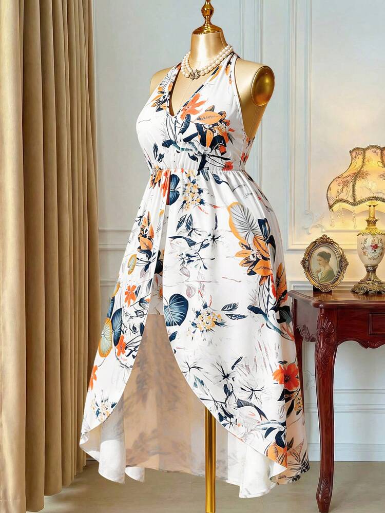 Rometta Conjunto de 2 piezas de top asimétrico de tirantes con estampado de plantas tropicales + shorts para mujer talla grande - Albaricoque - Añade 2