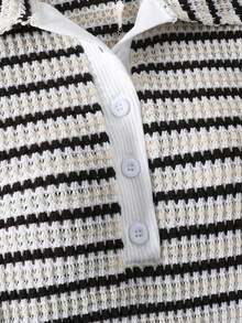 Tween Girl Striped Button Half-Placket Short Sleeve Casual Romper - Black and White - View 6