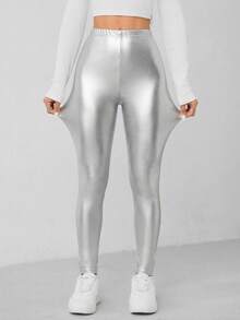 SHEIN PETITE Women's Silver Coated Knit Leggings - Silver - View 9