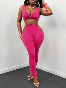 Glyssa Women's Hot Pink Knit Cropped Tank Top With Metal DecorHollow-Out Side Skinny Pants,Summer,70s Sexy,Night Out Club,Party Holiday Outfit Set - Hot Pink - View 4
