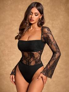 Radiana Women's Sexy Elegant Black Lace Bodysuit With Wide Collar, Flare Sleeve, Casual Top For Daily Wear - Black - View 7