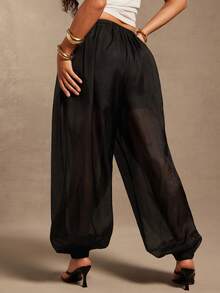 Vixey Sheer Chiffon With Partial Lining Adjustable Drawstring Waistband Balloon Shape Pants - Black - View 4