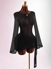 Amplova Vestido mini de cuello alto de manga larga para mujer, vestido casual sexy con espalda descubierta adecuado para picnic y senderismo de primavera - Negro - Ver 7
