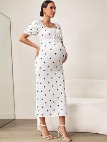 MaterniWear Đầm bầu mùa hè kiểu dáng thường ngày in chấm bi, thắt nơ phía trước. - trắng - Xem 3