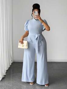 Maweii Plus Size Elegant High Neck High Waist Wide Leg Jumpsuit - Blue - View 5