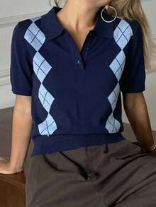 Livesso Atasan Polo Wanita Kasual Longgar Motif Blok Warna Kisi Berlian untuk Musim Semi & Musim Panas - Navy Blue - View 4