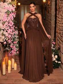 Glamrae Đầm maxi sang trọng, thanh lịch với họa tiết hoa ren đính cườm và sequin, chất liệu co giãn, xếp nếp, thích hợp cho đám cưới, tiệc tùng, kỳ nghỉ, dạ hội và các dịp trang trọng. - Cà phê nâu - Xem 5