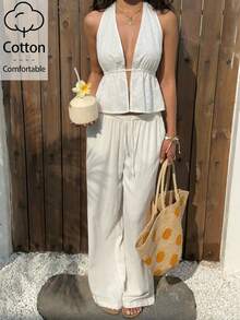 Aloruh Blouse décontractée de vacances pour femmes avec broderie œillet, Top de plage, Top d'été/Débardeur dos nu sexy - Blanc - Voir 4