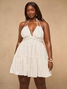 SHEIN BAE Große Größen Weißes ärmelloses Mini-Kleid mit Halsbindung - Weiss - Übersicht 5