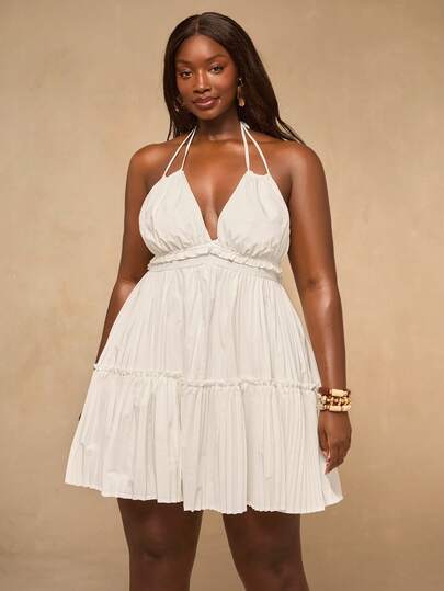 SHEIN BAE Plus Size White Sleeveless Mini Dress With Neck Tie,Plus Size Women Elegant   Suitable For Elegant Vacation, Music Festival, Beach Holiday,