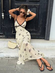 Pariaura 黑色花卉蕾丝边吊带连衣裙/优雅成熟/性感/度假连衣裙 - 杏色 - 查看 5