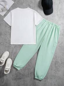 Coolqubz 男童新款夏季印花圆领T恤和褶皱工装裤两件套休闲运动套装 - 綠色 - 查看 2