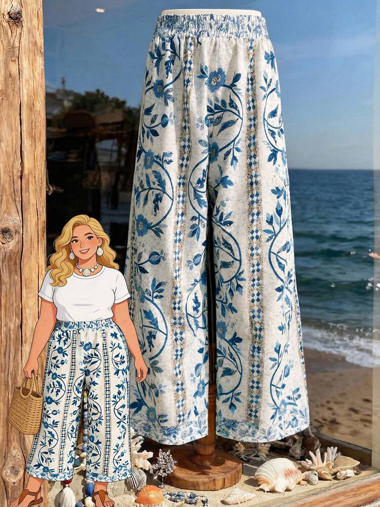 Plus Size Women Floral Print Casual Pants With Pockets, Suitable For Summer & Autumn\Vacation Summer Outfits Summer Clothes  Spring  Spring Outfit Women Spring Clothes Country Style For Women Beach Outfits For Women  Beach Vacation Outfits For Women Seaside Retro Mannequin Window Display