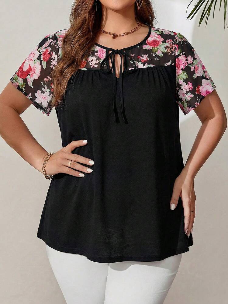 Plus Size Women'S Floral Print Tie-Down Black Top For Spring