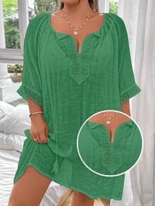 Swim Lushoire Vestido de playa holgado y cómodo con cordón para mujer de talla grande y unicolor - Verde - Ver 1