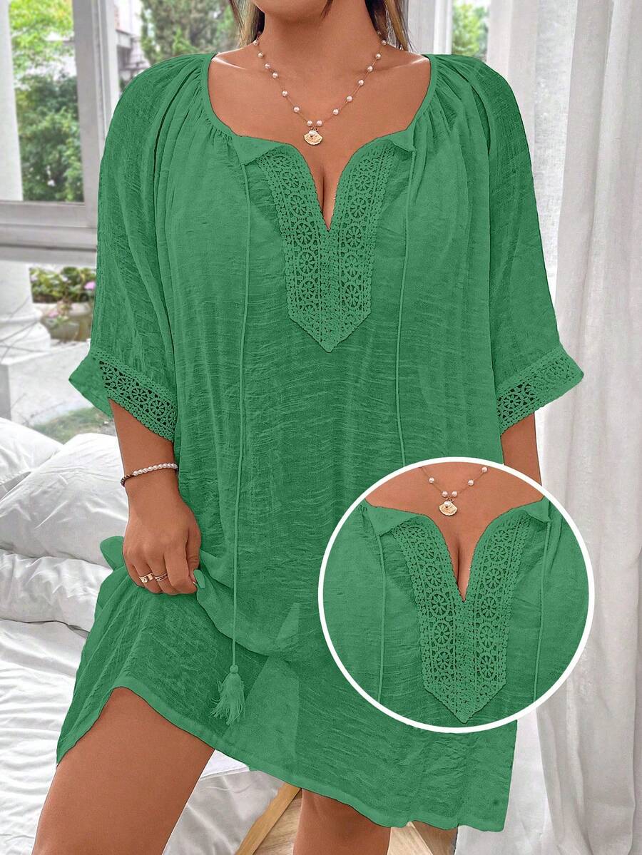 Swim Lushoire Vestido de playa holgado y cómodo con cordón para mujer de talla grande y unicolor - Verde - Ver 1