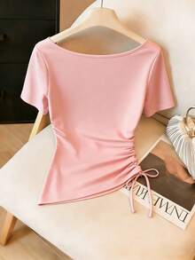 GlowEve Women's Fashion Polka Dot Bow Tie Waist Ruched Casual T-Shirt Top, Versatile For Spring And Summer - Pink - View 2