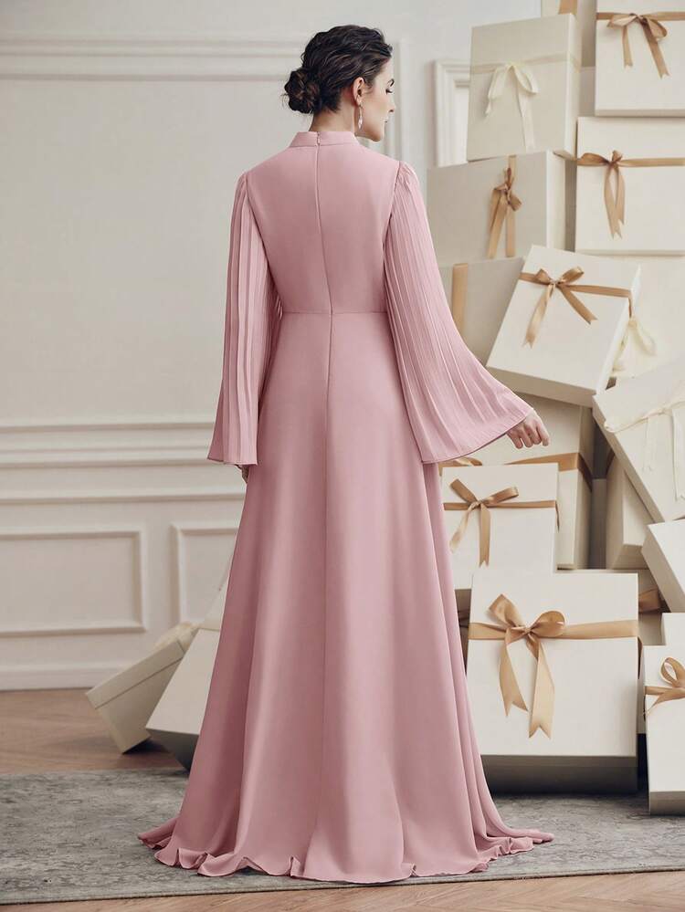 Elegant Pink Collar Applique Sleeve Pleated Waist Flowing Long Sleeve Dress, Spring/Summer