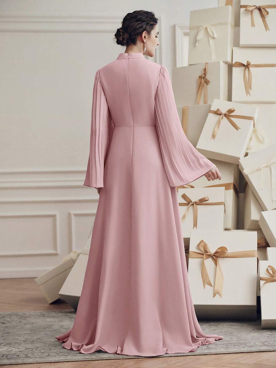 Elegant Pink Collar Applique Sleeve Pleated Waist Flowing Long Sleeve Dress, Spring/Summer