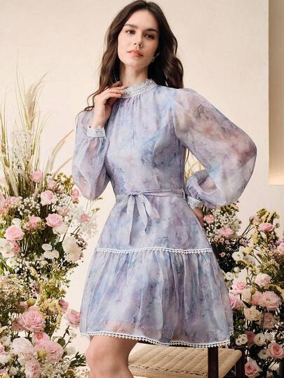 Anewsta Đầm ngắn tay phồng cổ tròn phối ren Tencel in hoa thanh lịch, trang phục mùa hè cho nữ, đầm thường ngày cho phái nữ