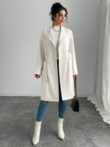Rafferiza Petite 女款白色缺口領羊毛大衣，雙排扣側綁腰中長夾克，適合春夏秋季辦公穿著，小碼女款 - 白色 - 查看 5