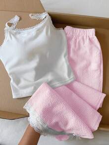 Comfortcana Bộ 2 áo hai dây ren kẻ sọc dáng rộng cỡ lớn - Màu Hồng baby - Xem 8