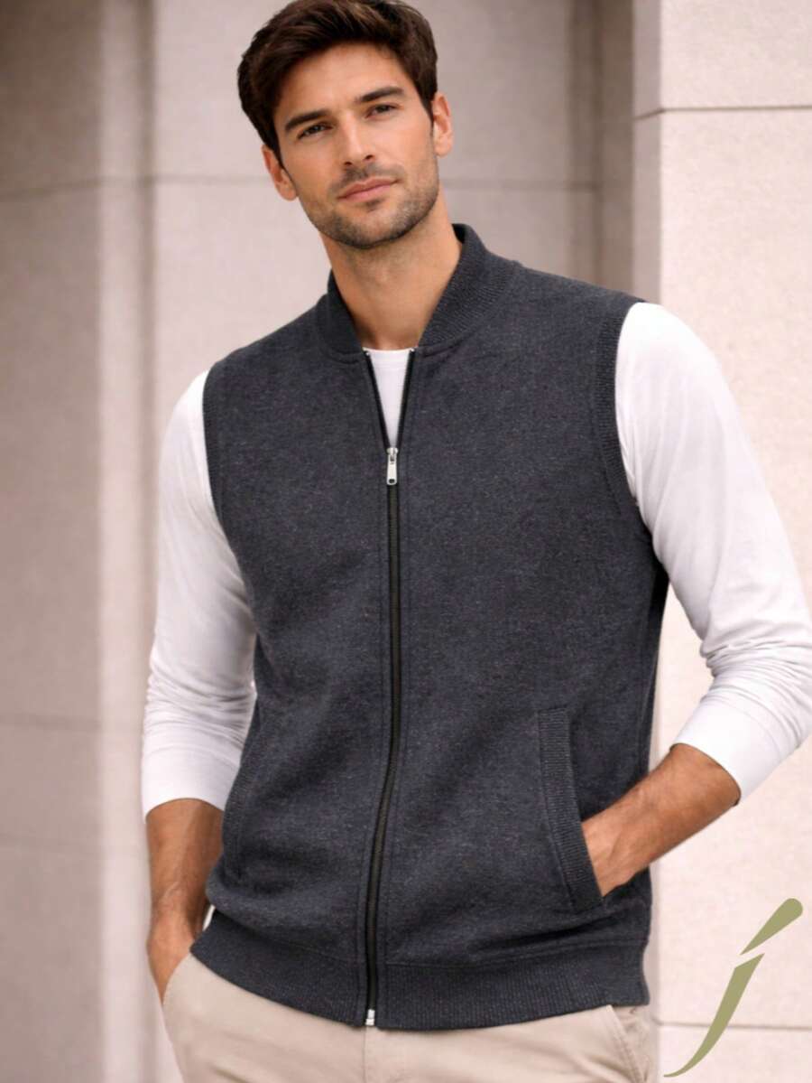 Chaleco de Punto Color Gris para Hombre con Cierre Frontal | Estilo Casual Moderno - Gris Oscuro - Ver 1