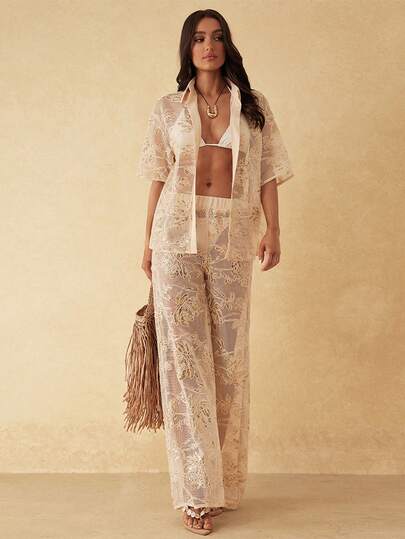 Silquee Apricot Sequined Floral Fabric Women's Floral Sequin Loose Single-Breasted Short Sleeve Shirt Summer Beach  Casual Festival  Elegant  Country  Formal Summer Outfits For Women,Summer Holiday Outfits Summer Top  Going Out Tops Casual Outfit For Women