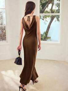 MOTF PREMIUM ELEGANT SATIN DRESS WITH DRAPED NECKLINE - Coffee Brown - View 7