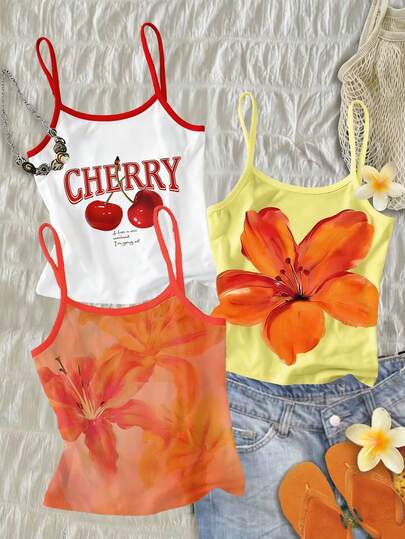 3件套少女数码印花吊带背心，休闲舒适，时尚设计，适合户外活动、野餐、街头摄影、度假、节日、送礼。