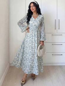 Modelyn Đầm hoa nhí tay dài dành cho nữ - Màu xanh lam - Xem 7